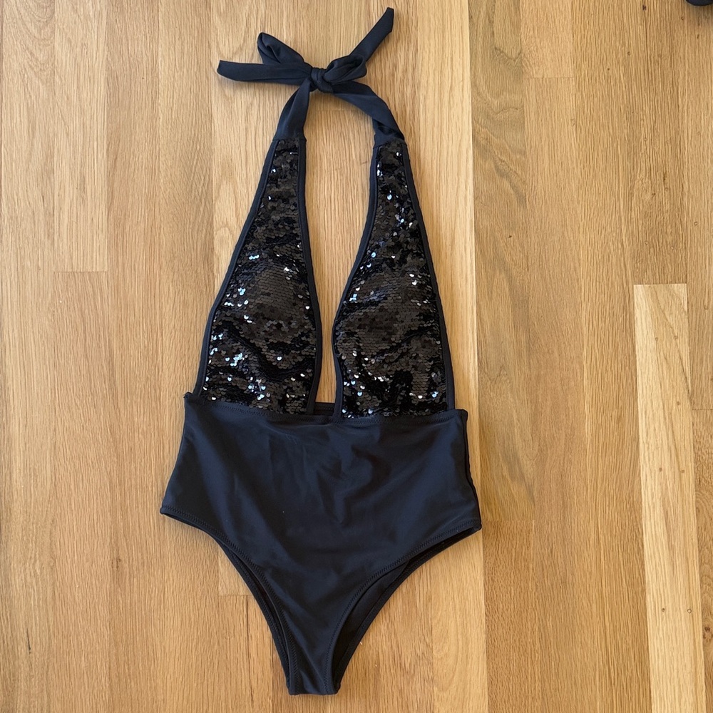 Black Sequin Halter Swimsuit/Bodysuit